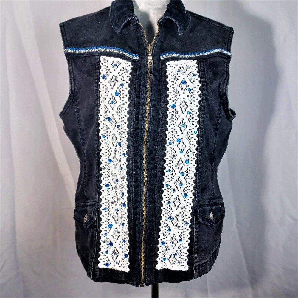 Embellished  Denim Vest Upcycled Black Vest